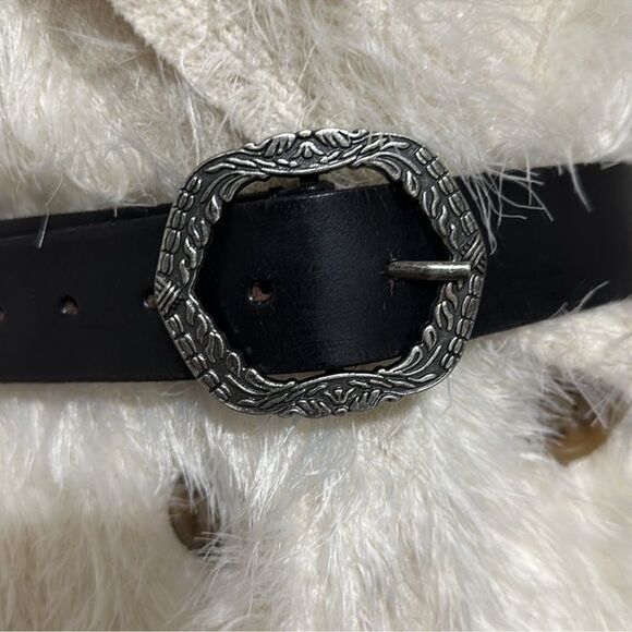 free people M/L Black Silver Tone Buckle Genuine Buff Leather Belt - Picture 2 of 10